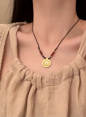 山沐手作「八宝罗盘」复古金色圆盘吊坠项链女小众颈链配饰毛衣链