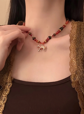 山沐手作「小马奇遇」复古彩色串珠项链女可爱小斑马吊坠颈链配饰