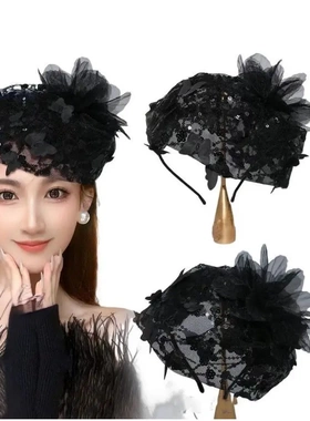 轻奢透纱花朵羽毛半帽发箍女洋气遮白发头箍法式发卡女士新款帽子