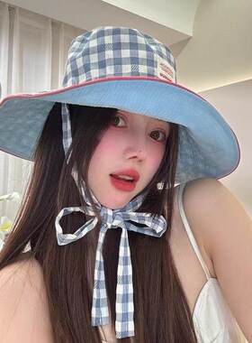 博主同款格子系带防晒帽女夏遮阳大帽檐渔夫帽户外登山帽双面戴