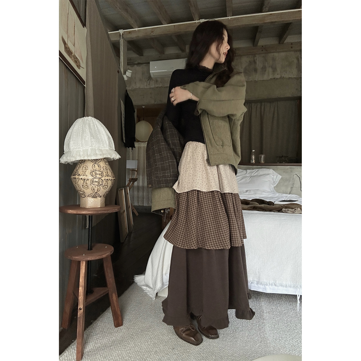 JMWOMEN 绿色复古立领格子毛呢外套女冬季宽松保暖一衣双面穿外套,淘宝优惠券,粉丝福利购,淘宝优惠卷