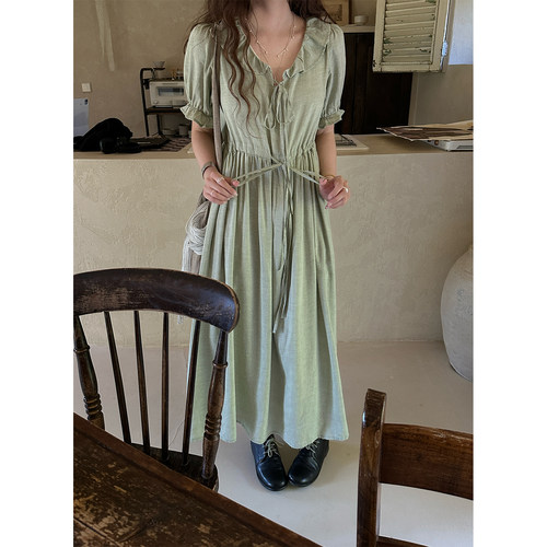 JMWOMEN〔贝绿橘〕莱赛尔亚麻复古绿荷叶领连衣裙女夏季慵懒长裙 - 图3