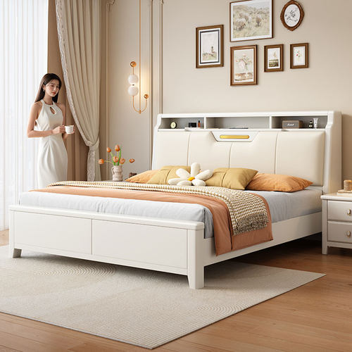 实木床白色1米8储物双人床主卧简约现代轻奢奶油风2025新款软靠床 - 图0