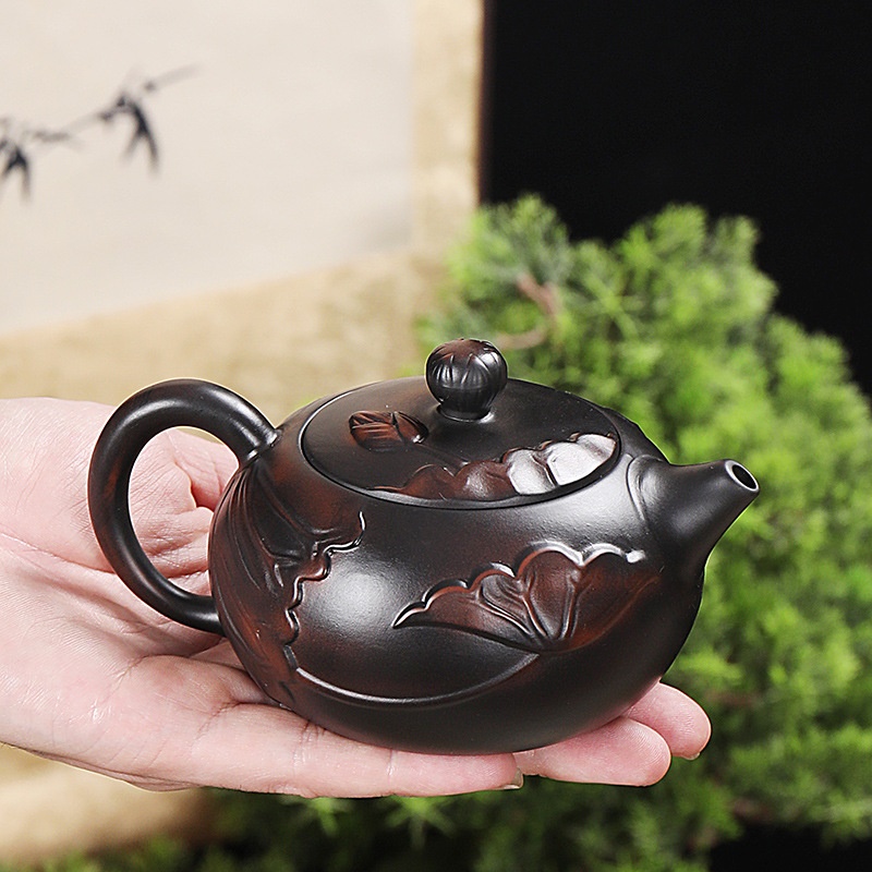 德化紫陶全手工跳刀纹凤鸣井栏壶家用茶具套装单人茶壶复古紫陶 - 图0
