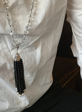 黑玛瑙+白水晶流苏项链