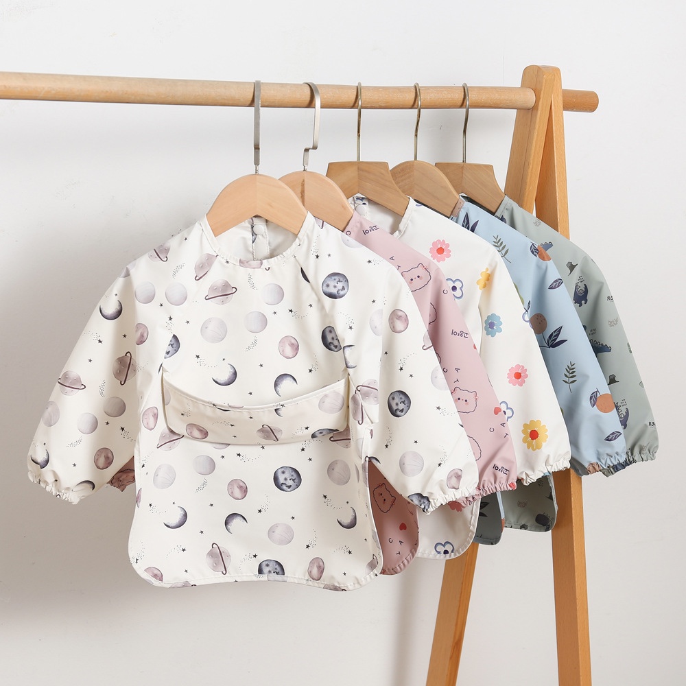 Danish new children's long-sleeved baby bibs for eating, waterproof and dirt-proof, baby bibs for painting and wearing backwards