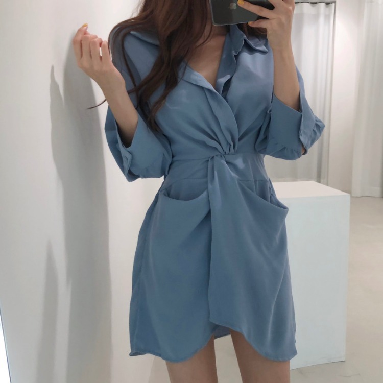 三小姐的咖啡韩国chic不规则长袖收腰显瘦扭结大口袋衬衫式连衣裙 - 图2