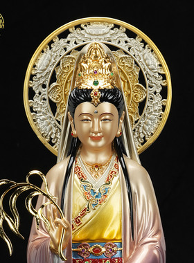南海观音铜彩绘站莲供奉神像
