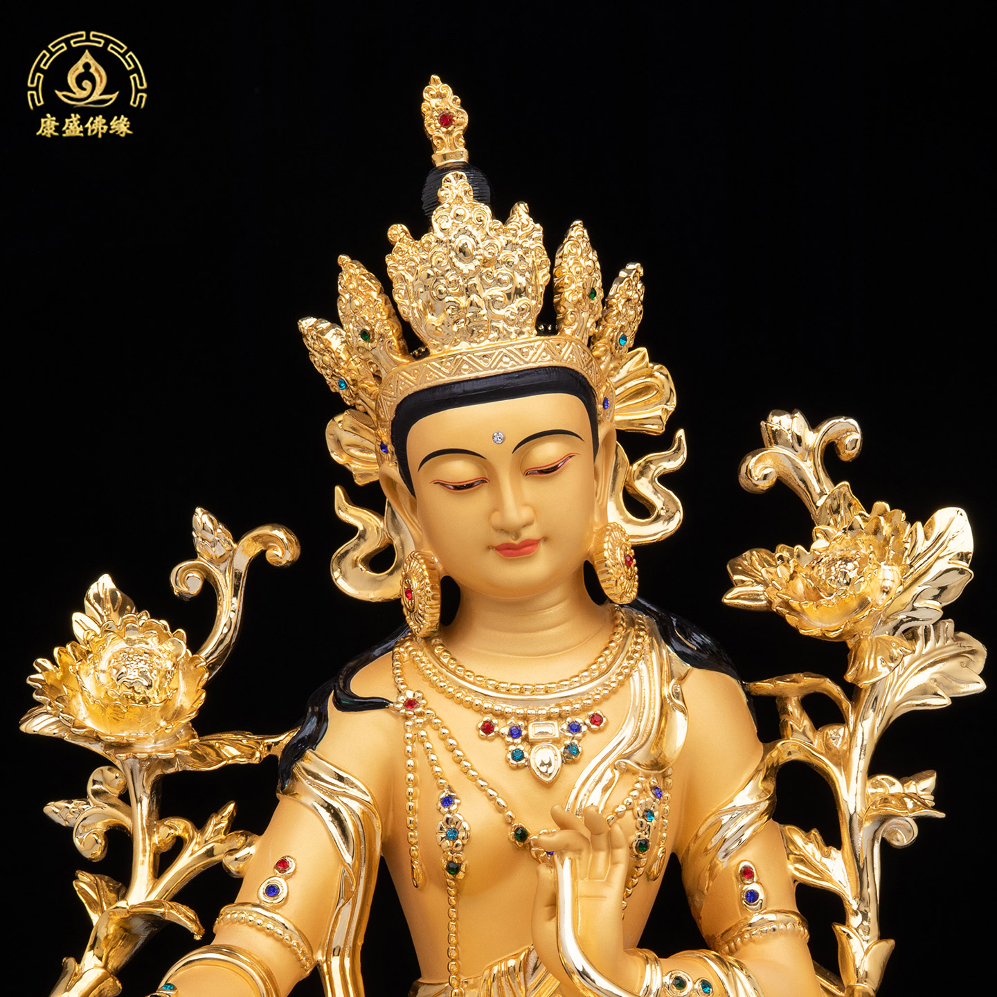 绿度母神像铜嵌钻工艺神像密宗多罗菩萨纯铜藏传佛堂家用供奉摆件 - 图0