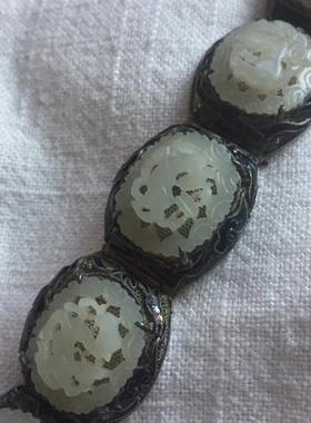 民国收藏级古董珠宝 925纯银空镂和田玉手链 带证书 羊脂玉传家宝