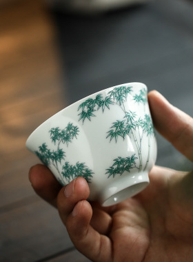 红炉烤花斗彩绿竹纹仰钟杯景德镇陶瓷茶碗功夫茶杯品茗贴花单杯