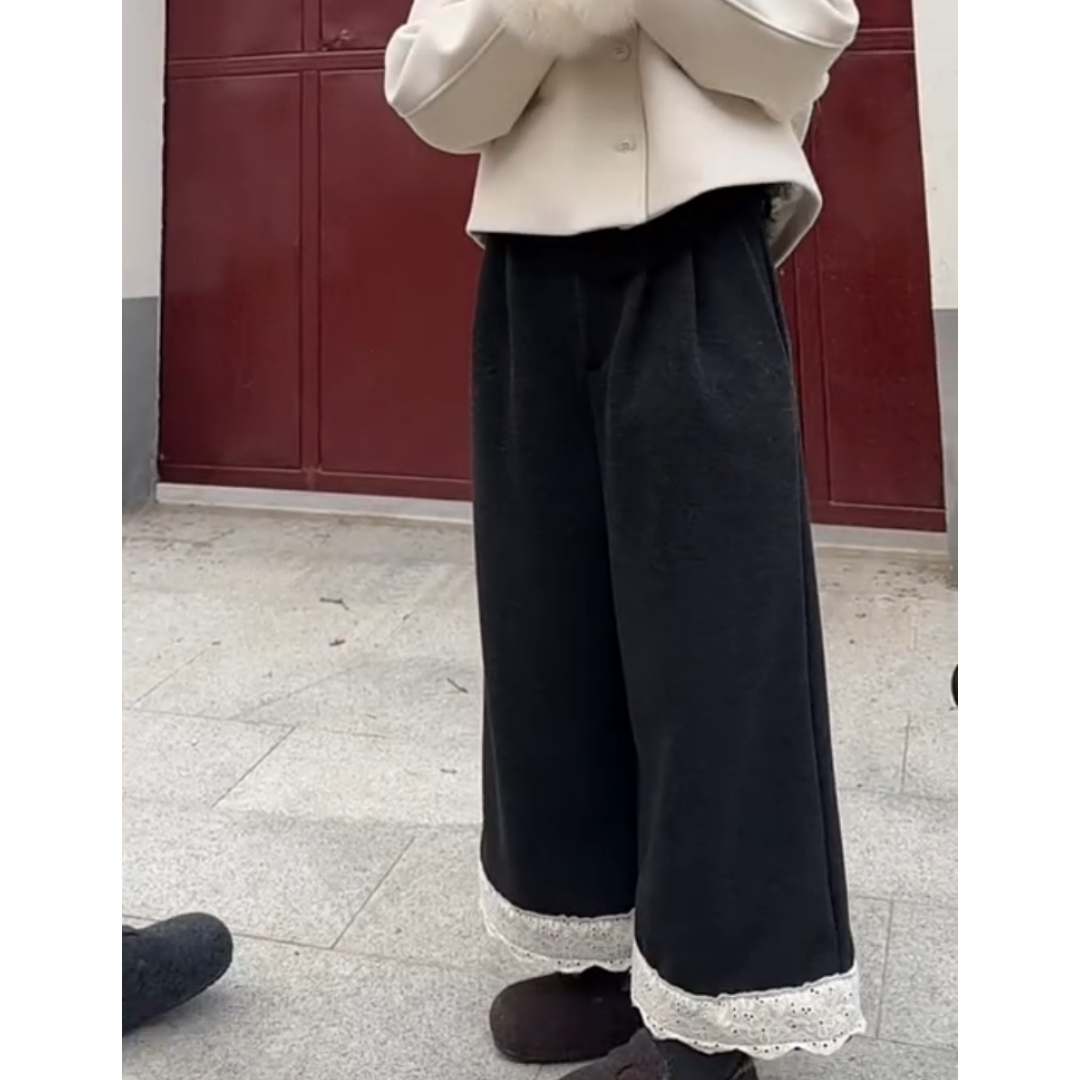 景倩妮今年流行蕾丝边百搭毛呢裤2024冬季新款加绒高腰显瘦阔腿裤,淘宝优惠券,粉丝福利购,淘宝优惠卷