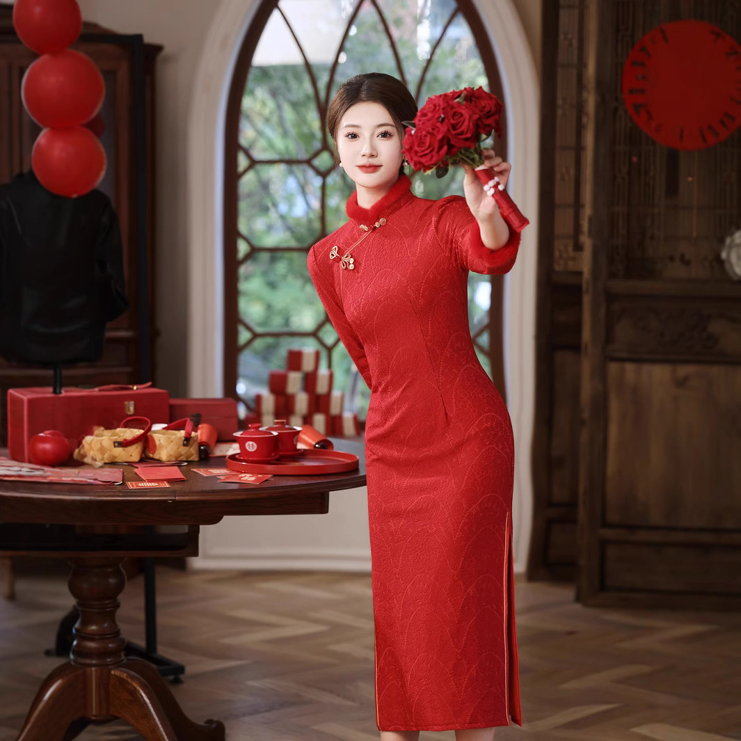 2025冬季加绒改良红色敬酒服新中式气质百搭旗袍裙结婚新娘年轻款 - 图0