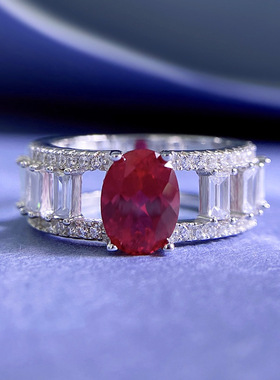 S925银 九儿】红色椭圆培育宝石戒指时尚简约轻奢个性指环女