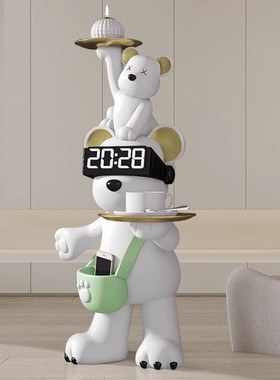 卡通亲子熊存钱罐时钟托盘摆件