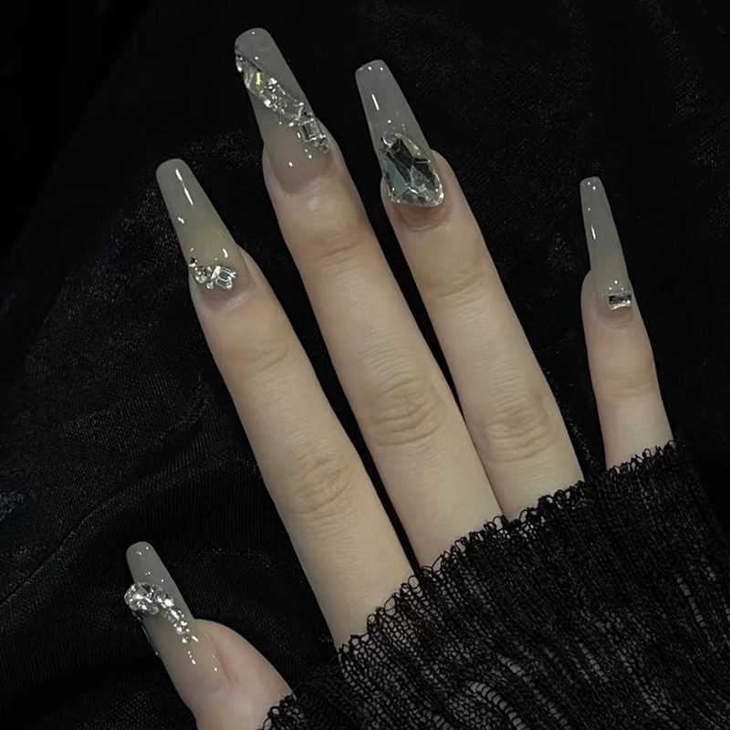 长款梯形高级感青灰色闪钻美甲成品假指甲贴片纯手工可拆卸穿戴甲-图0