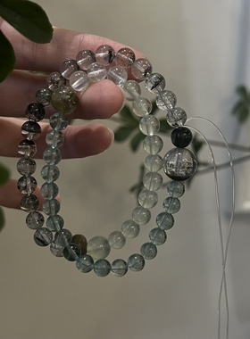 木-天然水晶绿幽灵孔雀石绿檀木绿幽灵手串手串五行喜木生日礼物