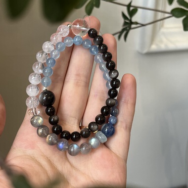 水金天然黑曜石白水晶海蓝宝蓝晶石黑发晶手链多圈手串喜水金