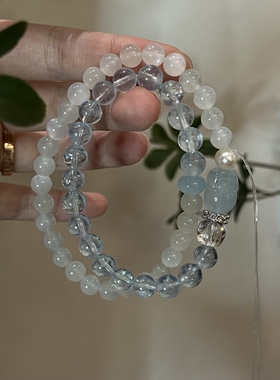 水金天然黑曜石白水晶海蓝宝蓝晶石黑发晶手链多圈手串喜水金