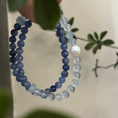 水-天然水晶黑发晶蓝晶石海蓝宝黑曜石手串招财五行喜水补水礼物