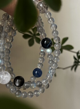 水金天然黑曜石白水晶海蓝宝蓝晶石黑发晶手链多圈手串喜水金