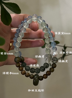 木-天然水晶绿幽灵孔雀石绿檀木绿幽灵手串手串五行喜木生日礼物