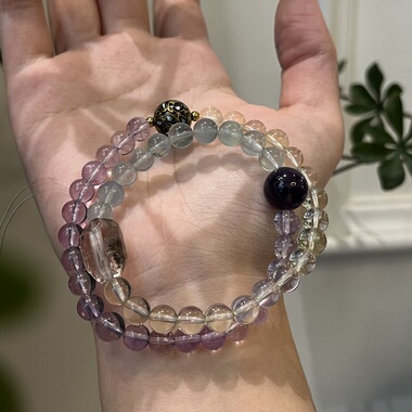 木火土-天然黄水晶紫水晶粉水晶绿幽灵多圈手串五行喜木喜火土