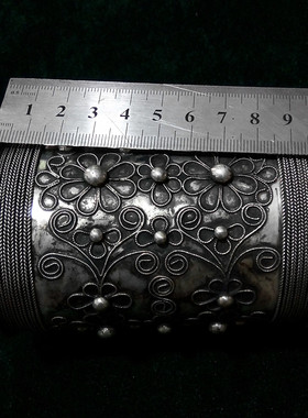 贵州老款镶花超宽臂镯夸张苗银