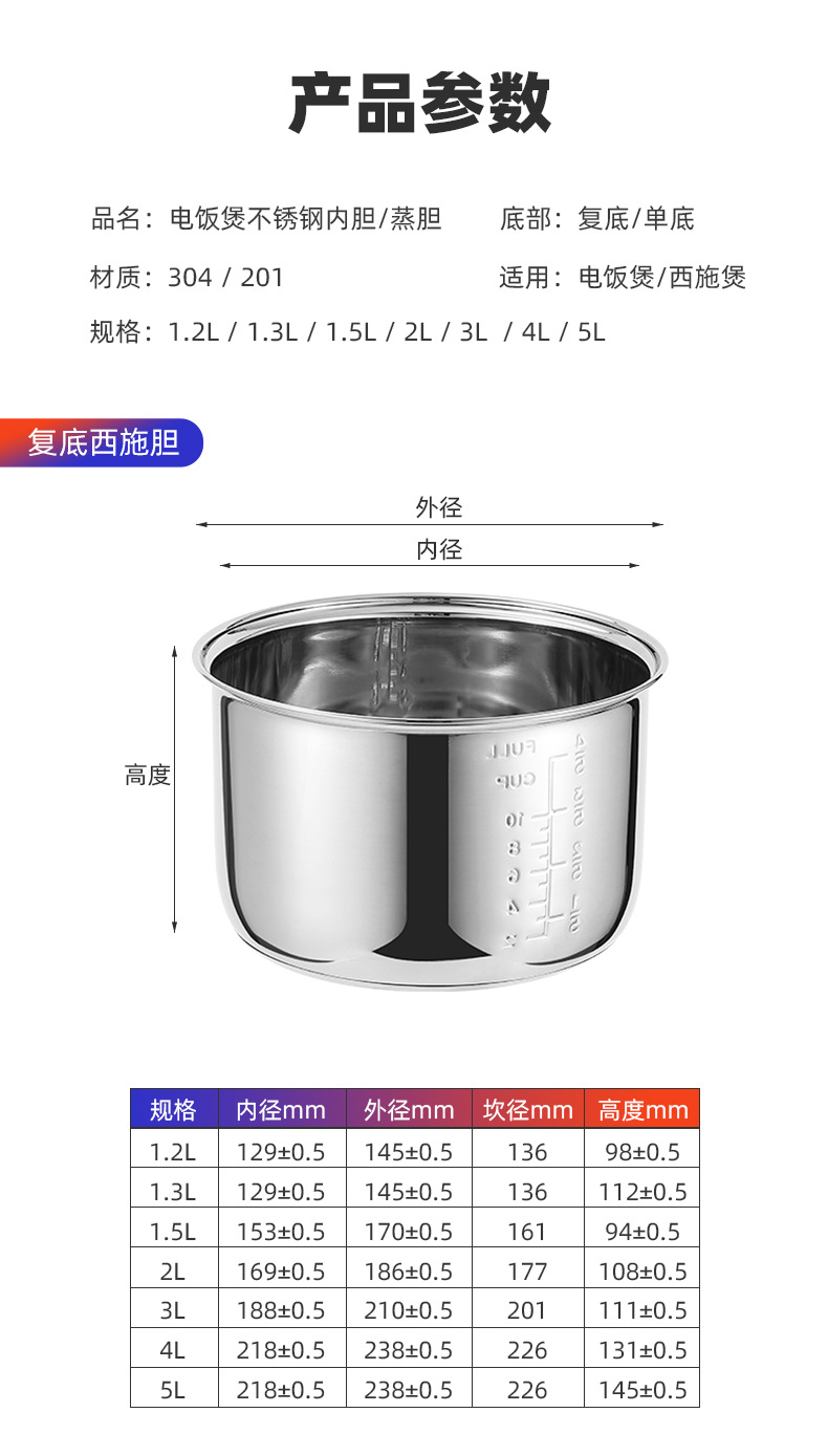 1.2L/2L通用不锈钢内胆 智能电饭煲内胆 3L4L5L 304加厚配件 家实 - 图0