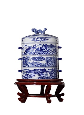 景德镇陶瓷青花瓷三层零食罐新中式摆件样板房糖果盒茶室桌面摆件