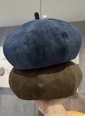 日系高品质黄色麂皮绒贝雷帽文艺女生简约优雅画家帽百搭南瓜帽潮