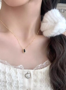 方形黑锆石项链纯银女