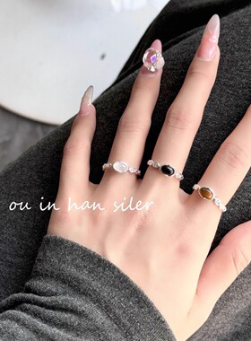 白玉髓黑玛瑙猪鼻子镂空戒指纯银