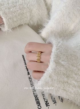 波浪戒指纯银韩国女性