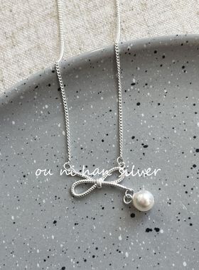 珍珠蝴蝶结项链纯银锁骨链女