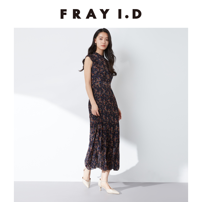 FRAY I.D2024春夏新品优雅通勤无袖印花雪纺百褶连衣裙FWFO241139