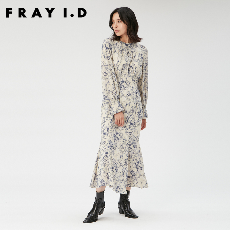 FRAY I.D2023秋冬新品优雅复古印花系带收腰鱼尾连衣裙FWFO235023-图1