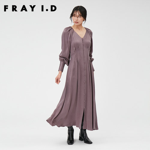 FRAY I.D2023秋冬新品优雅V领缎面系带收腰鱼尾连衣裙FWFO234110-图3