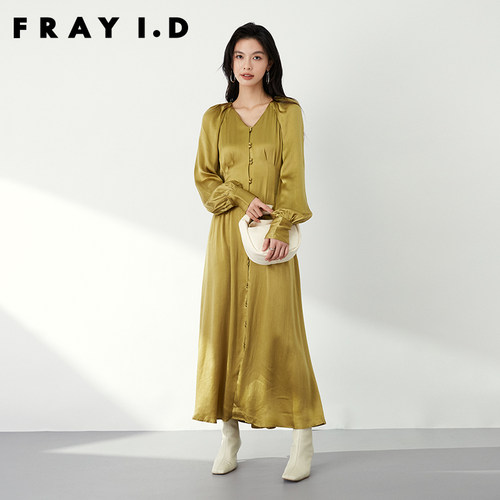 FRAY I.D2023秋冬新品优雅V领缎面系带收腰鱼尾连衣裙FWFO234110-图2