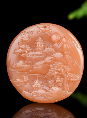 玉缘青山新疆和田玉糖料山水意境玉牌吊坠且末糖玉白鹤山水松树项