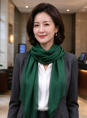 纯色真丝长巾秋冬配饰桑蚕丝围巾女长款超薄围巾素色长纱巾墨绿色