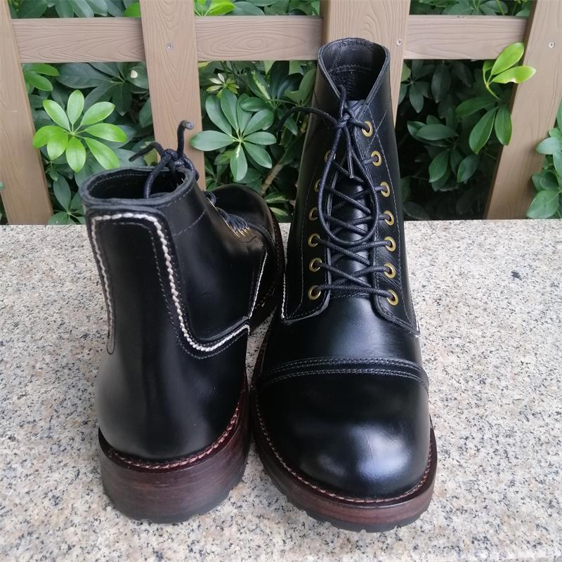 工装靴8111马丁靴牛皮底缝线手工鞋真皮靴伞兵靴低跟圆头鞋 - 图1