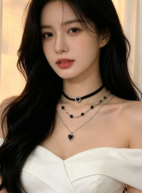 黑绳甜酷心叠戴项链女