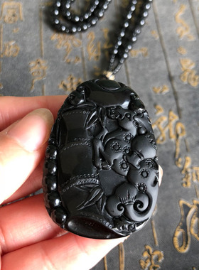 一路发玉牌挂件天然黑曜石梅花鹿玉佩项链男女吊坠毛衣链送证书