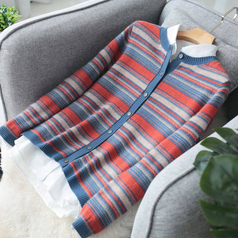 2025春装新款女装针织开衫女圆领条纹上衣宽松毛衣外套秋短款外搭,淘宝优惠券,粉丝福利购,淘宝优惠卷