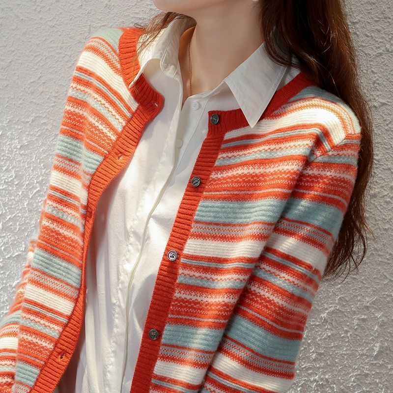 2025春装新款女装针织开衫女圆领条纹上衣宽松毛衣外套秋短款外搭,淘宝优惠券,粉丝福利购,淘宝优惠卷