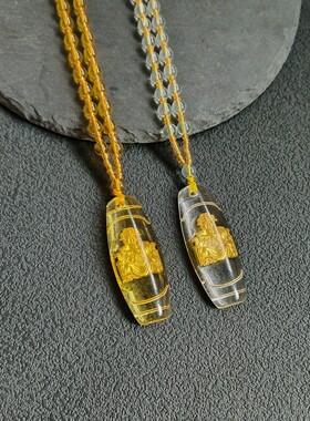 水晶镶金黄财神五爷项链玻璃圆龙五爷挂件黄水晶佛牌毛衣链庙会品