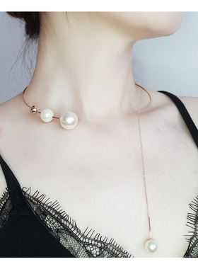 玫瑰金珍珠装饰长款女时尚个性