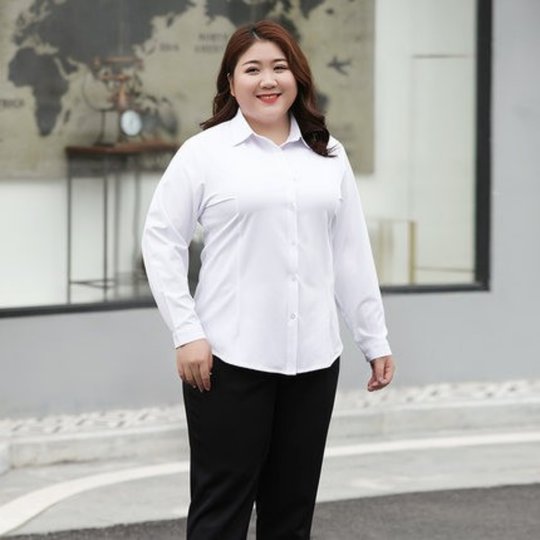 特大码冬长袖女性宽松商务正装工作服白色衬衫上衣加肥职业工装衫