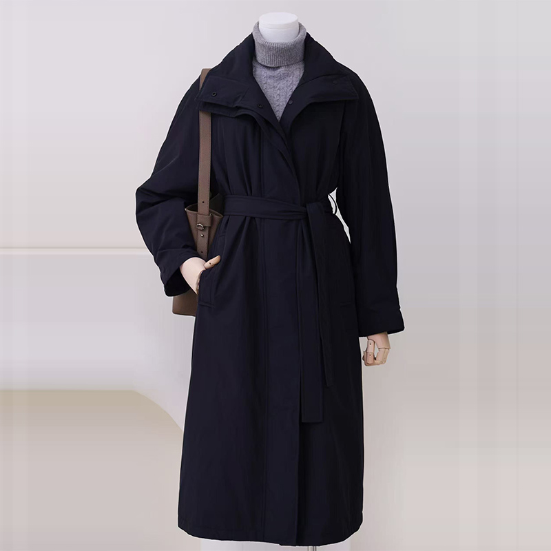 white collar黑色立领暗门襟按扣系带长款鹅绒服E-GAD05A901 - 图1